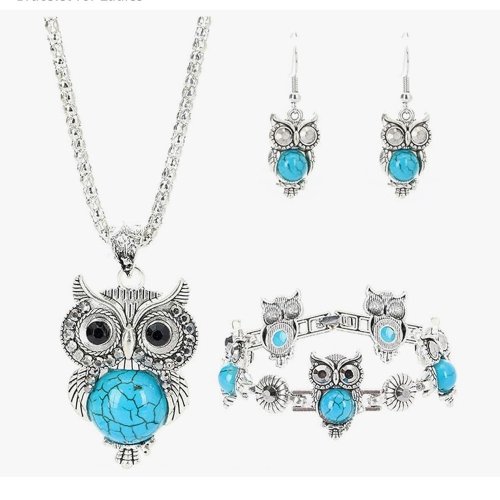 Owl Pendant Jewelry Set in Silver and Turquoise 3pc set for woman